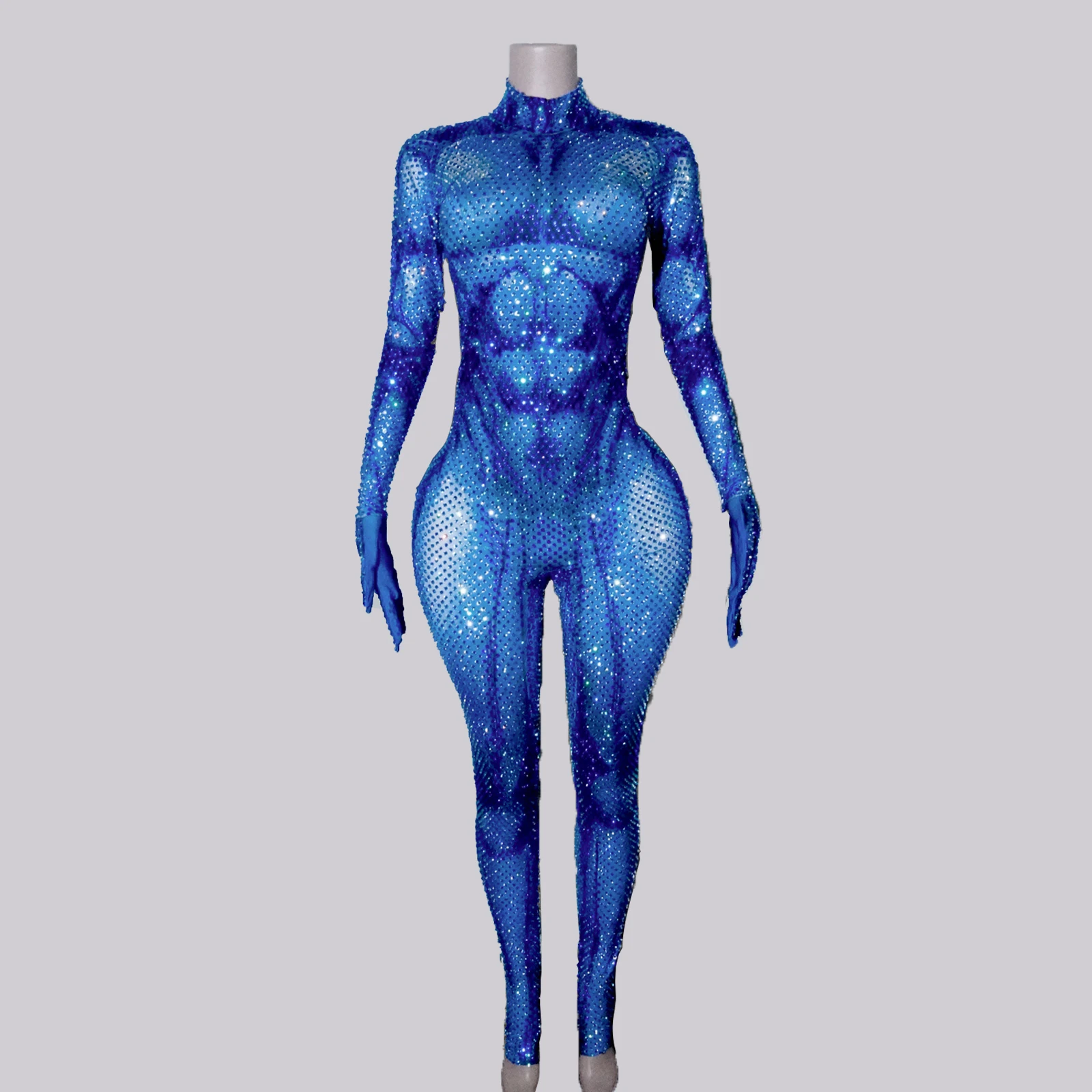 

luxury Sparkly Rhinestones blue long sleeve Jumpsuit gloves muscle sexy Performance Stage Celebrate club dance festival outfit