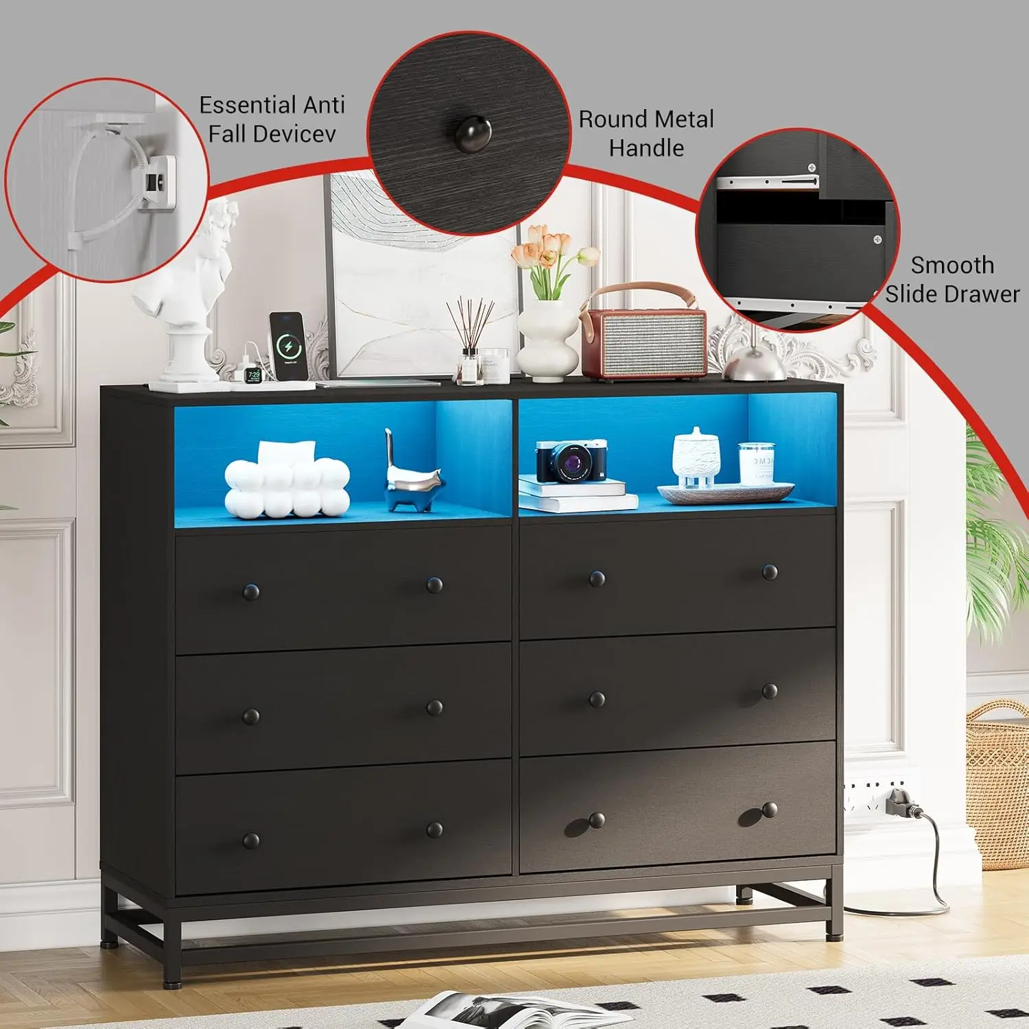 Cômoda de madeira com 6 gavetas para quarto, cômodas de madeira maciça com estação de carregamento e luzes LED, cômodas modernas de suporte de TV para TV de 50"