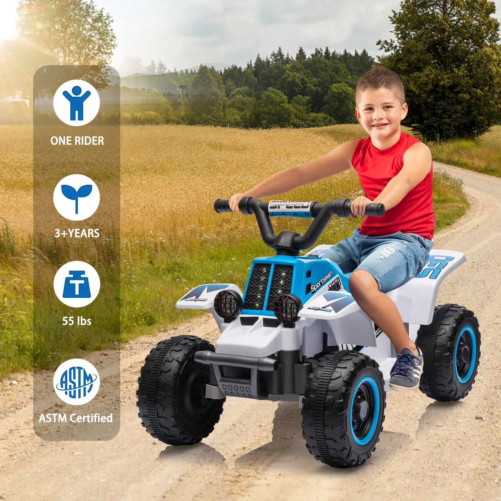6V Kids Ride-on ATV, Rechargeable Battery-Powered Toy Car with Forward/Reverse, 1.5 MPH, 55 Lbs Weight Capacity, for Ages 3 +