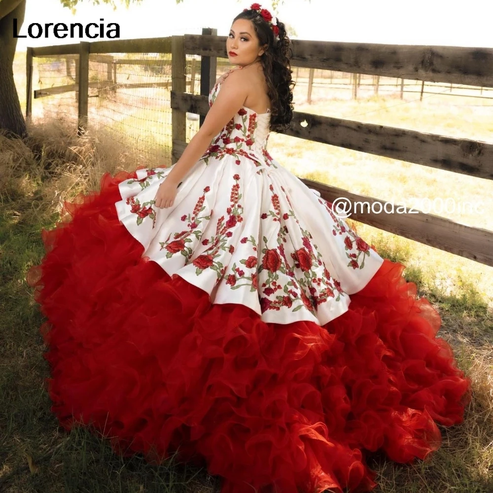 Lorencia Princess Red White Quinceanera Dress Ball Gown Embroidery Beading Tiered Sweet 16 Vestidos De 15 Años Customized YD38