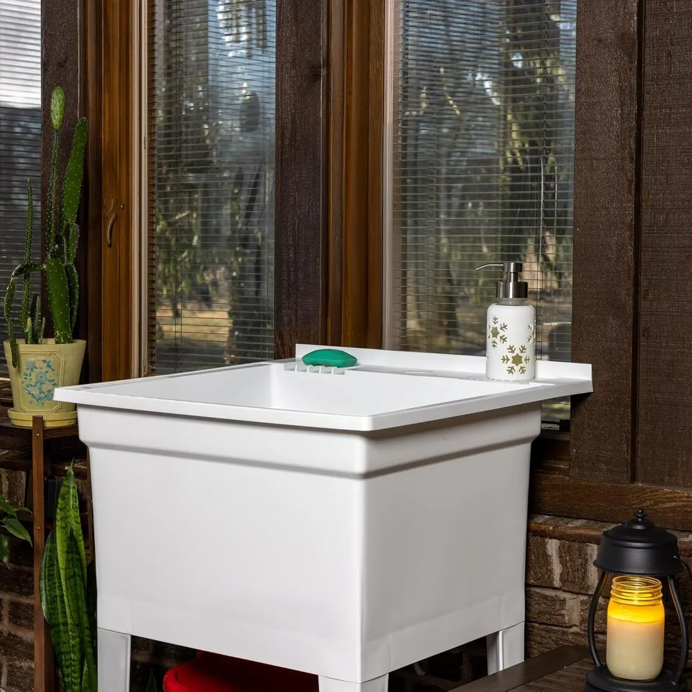 배수 플러그, 높이 조절 장치, 5단계 간편 설치 과정이 포함된 견고한 독립형 유틸리티 싱크대