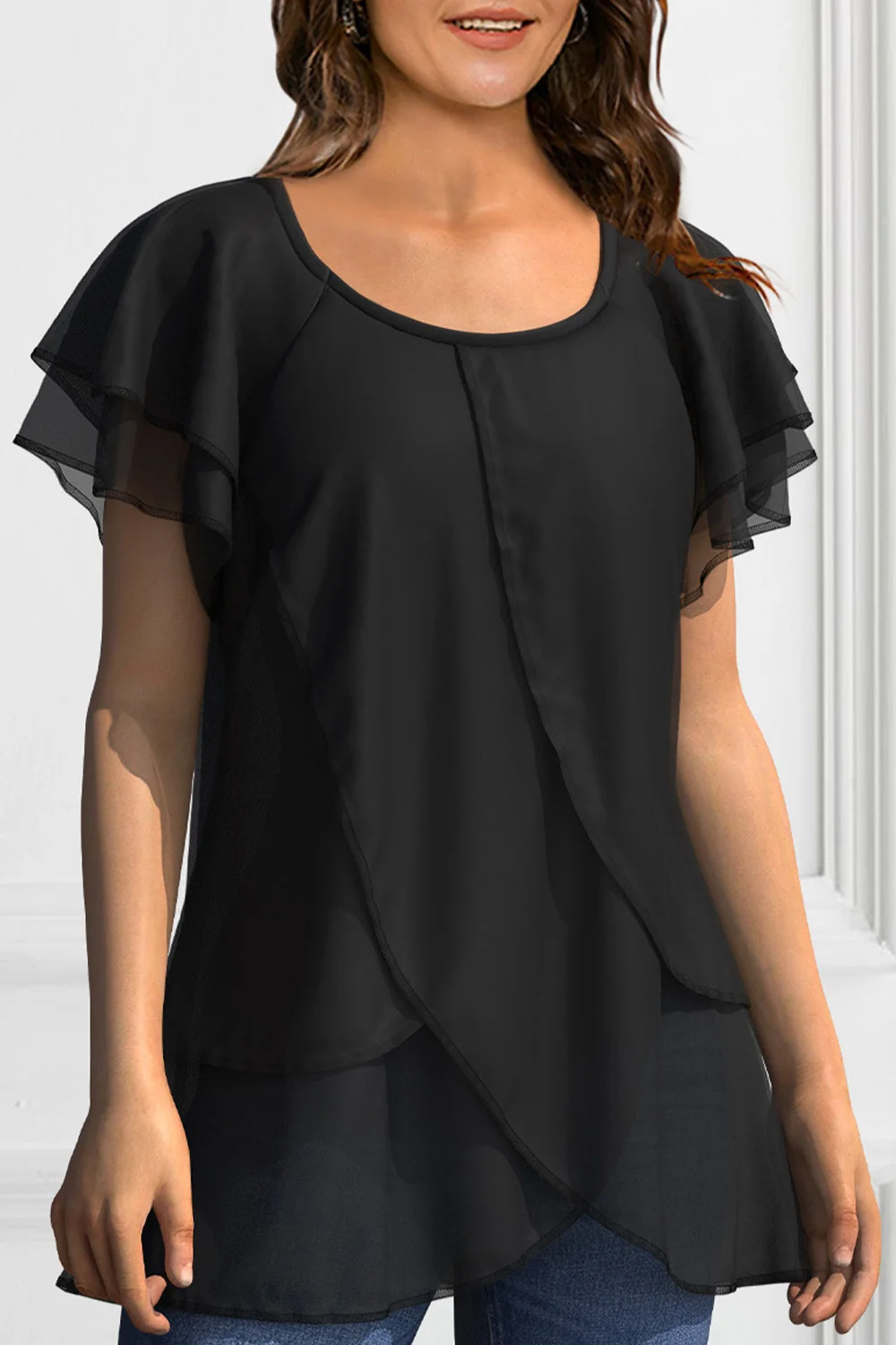 Women Plus Size Blouse Chiffon Short Sleeve Round Neck Elegant Irregular Hem Office Lady Summer Chiffon Blouse Tops image 4