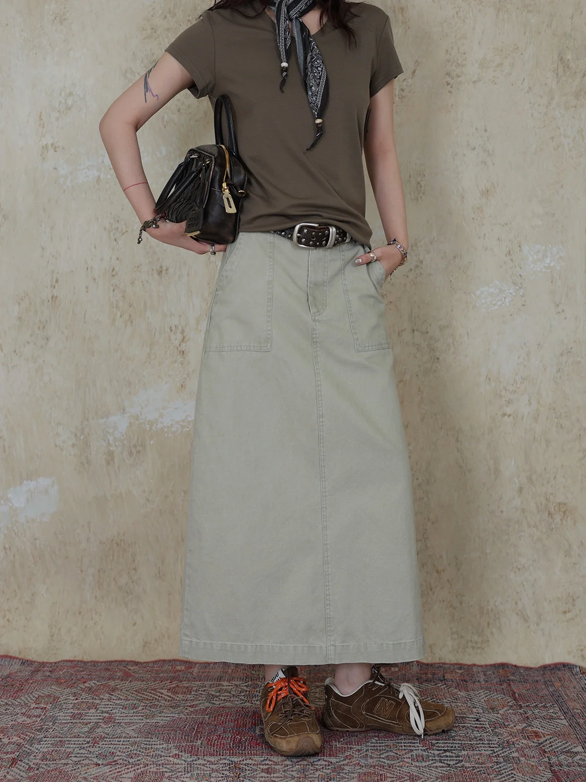 

High Waist A-Line Skirt Green Washed Cotton Women's Spring Summer Long Skirts Fashionable Ladies' High Waist Skirts