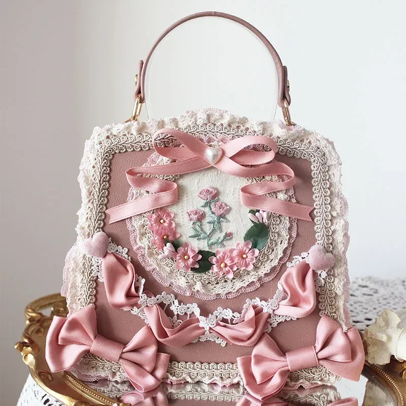 Vintage Victorian Lolita Bags Women Elegant Bow Flower Lace Embroidery Handbag Cosplay Palace Princess Tea Party Dance Bag