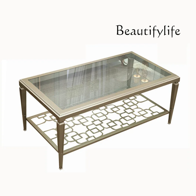 

American light luxury rectangular coffee table side table combination living room simple solid wood stainless steel hollow glass