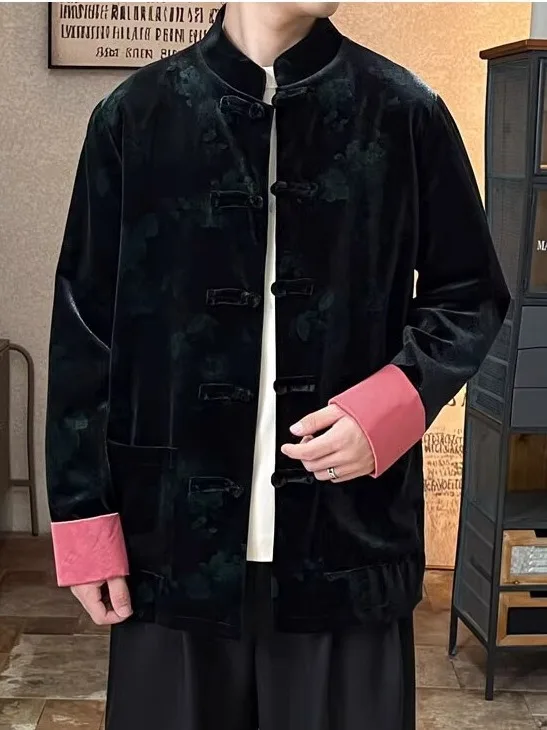 

Осень-зима, мужской свободный крой с воротником-стойкой на пуговицах, повседневный костюм Jaet Sle в стиле ретро, костюм Тан, верхняя одежда, теплый топ, этническая одежда