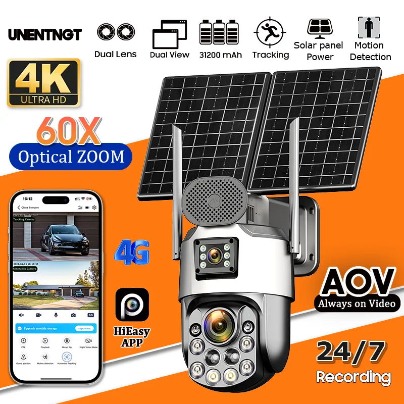 

UNENTNGT 4K Dual Lens AOV 60X Optical Zoom Solar Battery PTZ Camera 10MP 4G SIM Outdoor CCTV 24/7 Recording Surveillance Cameras
