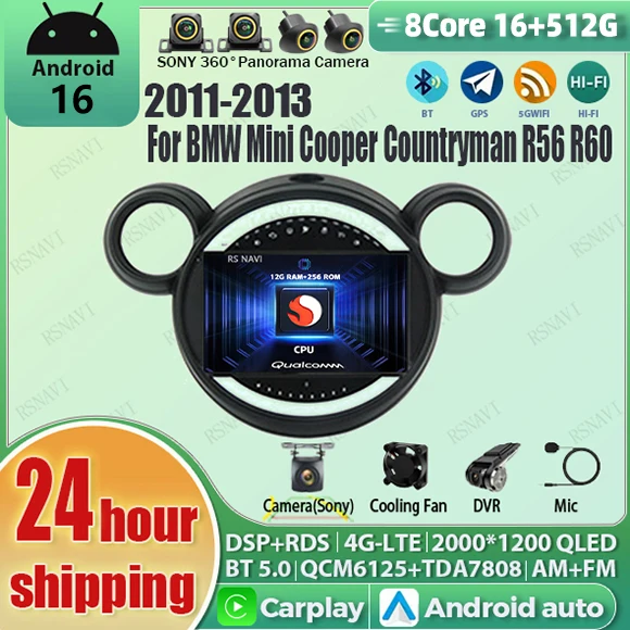 Radio Multimedia para Auto con Pantalla 2K y Android 16 Carplay para BMW Mini Cooper Countryman R56 R60 2011-2013, Sistema de Navegación Estéreo