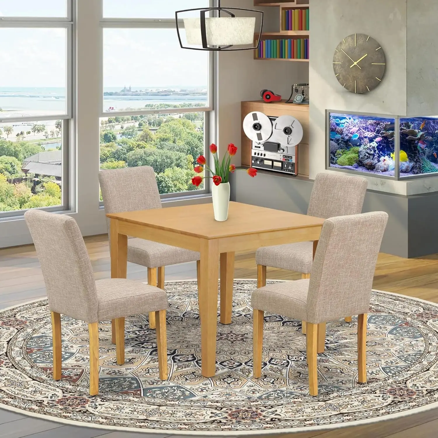 OXAB5-OAK-04 5 Piece Dining Table Set for 4 Includes a Square Kitchen Table and 4 Light Tan Linen Fabric Parsons Dining Chairs