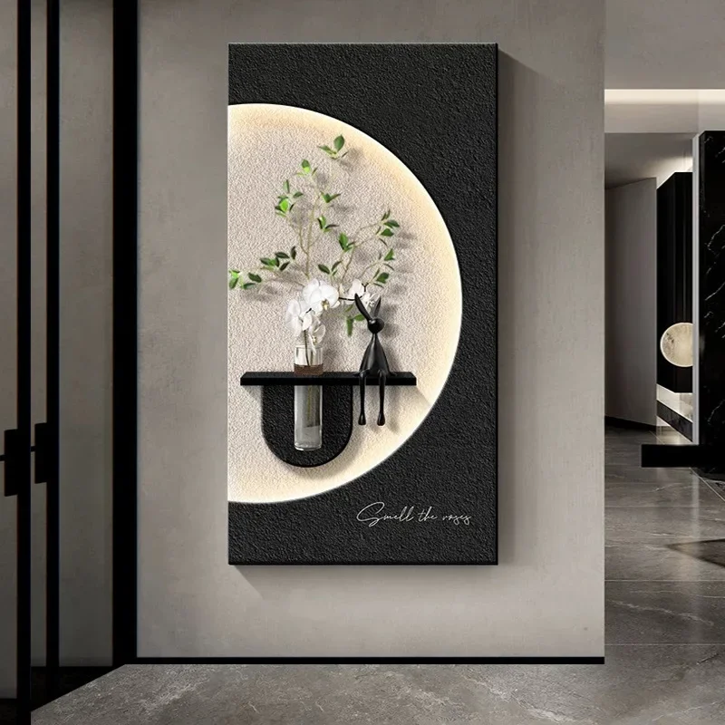 

Sandstone Double-Layer Hydroponic Green Plant Wall Art with Light Sconce for Entrance Hallway Corridor Simple Decorative Feature