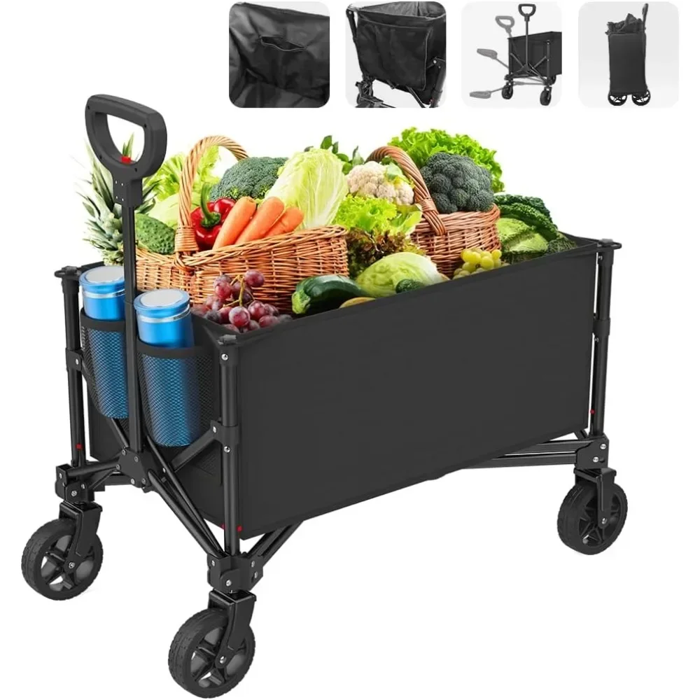 

Folding Wagon, Collapsible Beach Wagon Cart,Foldable Grocery with Side Pocket, Large Capacity Heavy Duty Portable Wagon