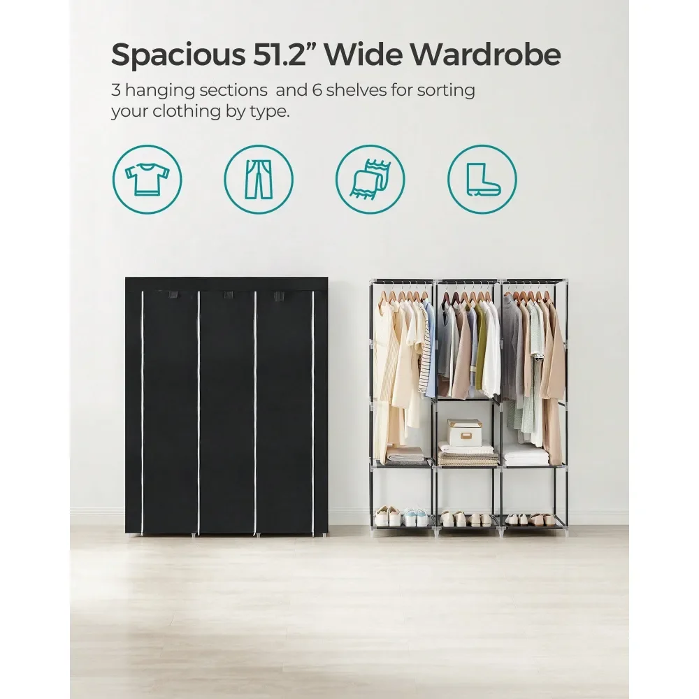 

Portable Closet, Wardrobe Closet Organizer With Cover, 3 Hanging Rods And Shelves, 4 Side Pockets, 51.2 X 17.7 X 65.7 Inches, L