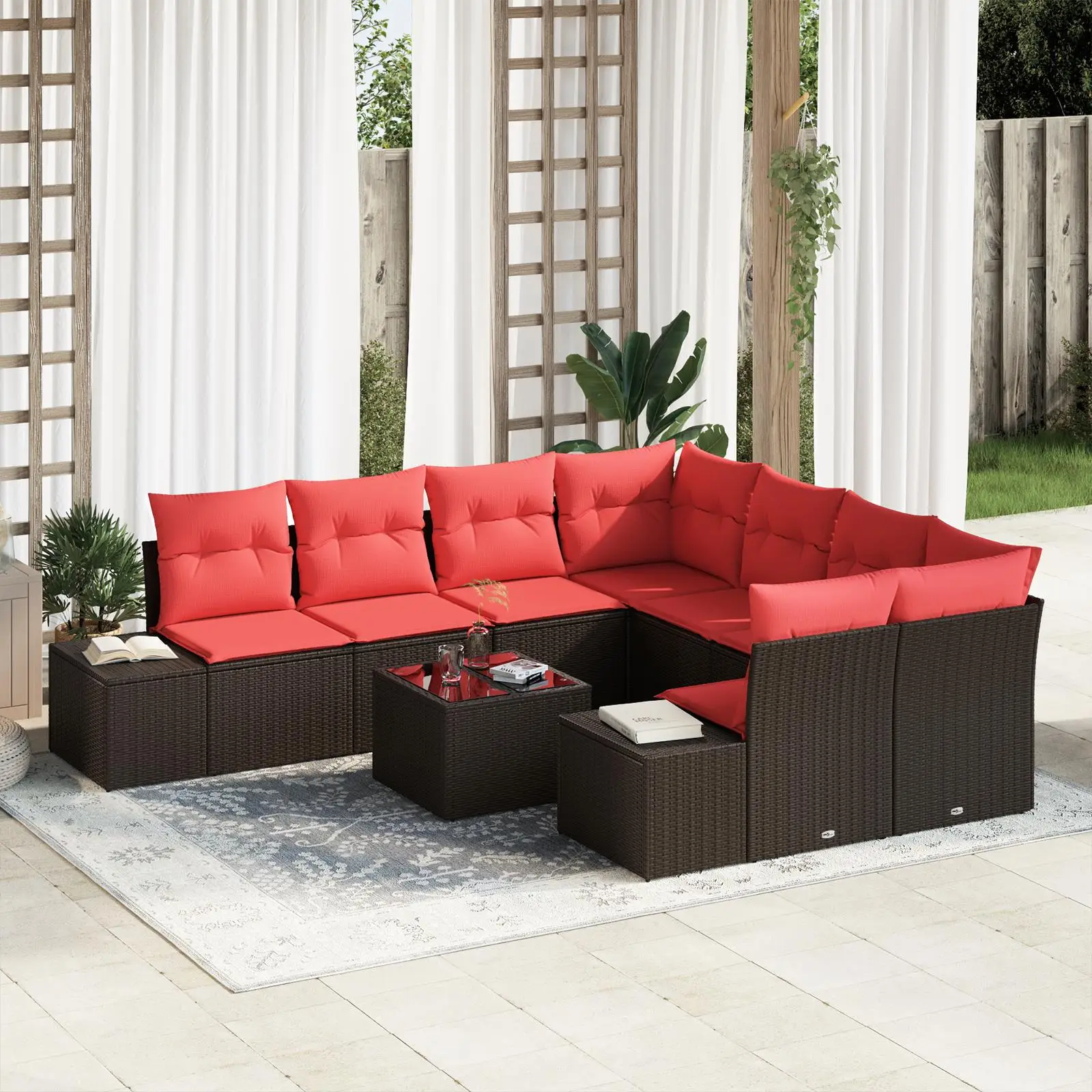 

9 Piece Brown Poly Rattan Garden Sofa Set with Cushions Outdoor Furniture Patio Seating
