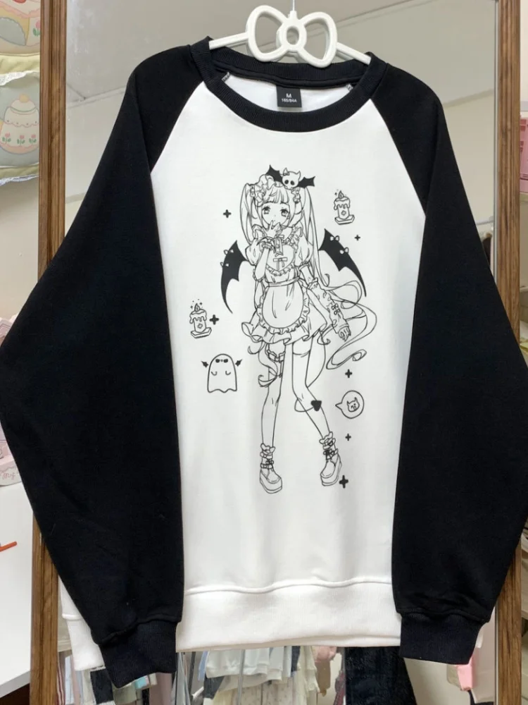 High Quality Cotton Raglan Sleeve O-neck Hoodies Japan Grunge Anime Girl Print Cute Sweatshirt Pullover Loose Oversized Pullover