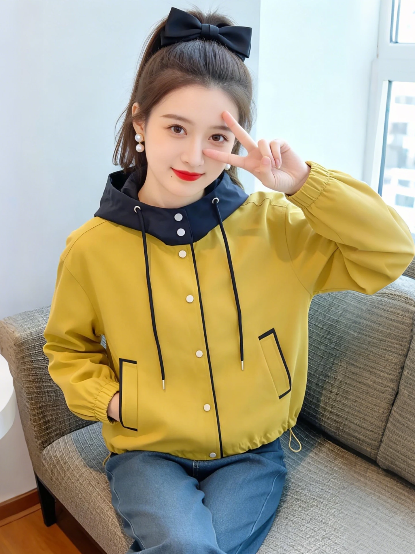 

Fashionable Color Block Hooded Short Jacket Women's Spring 2026 New Style Casual Age-Defying High-End Feeling Trendy Top