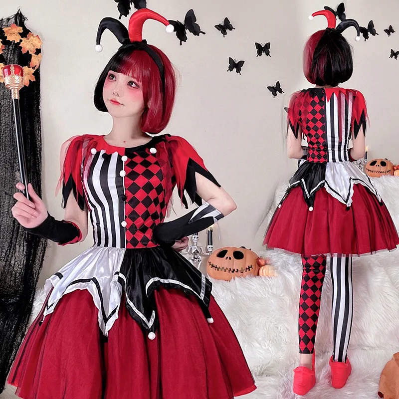 Kids Adults Halloween Girls Lady Colorful Circus Clown Costume Naughty Joker Cosplay Carnival Fancy Dress Up Party Disfraz view 5