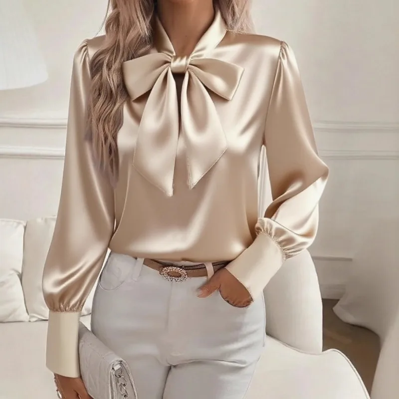 Women's Autumn Satin Bow Blouse Long Sleeve Puff Sleeve Elegant Office Shirt Soft Lustrous Solid Color Top Fashion Shirts