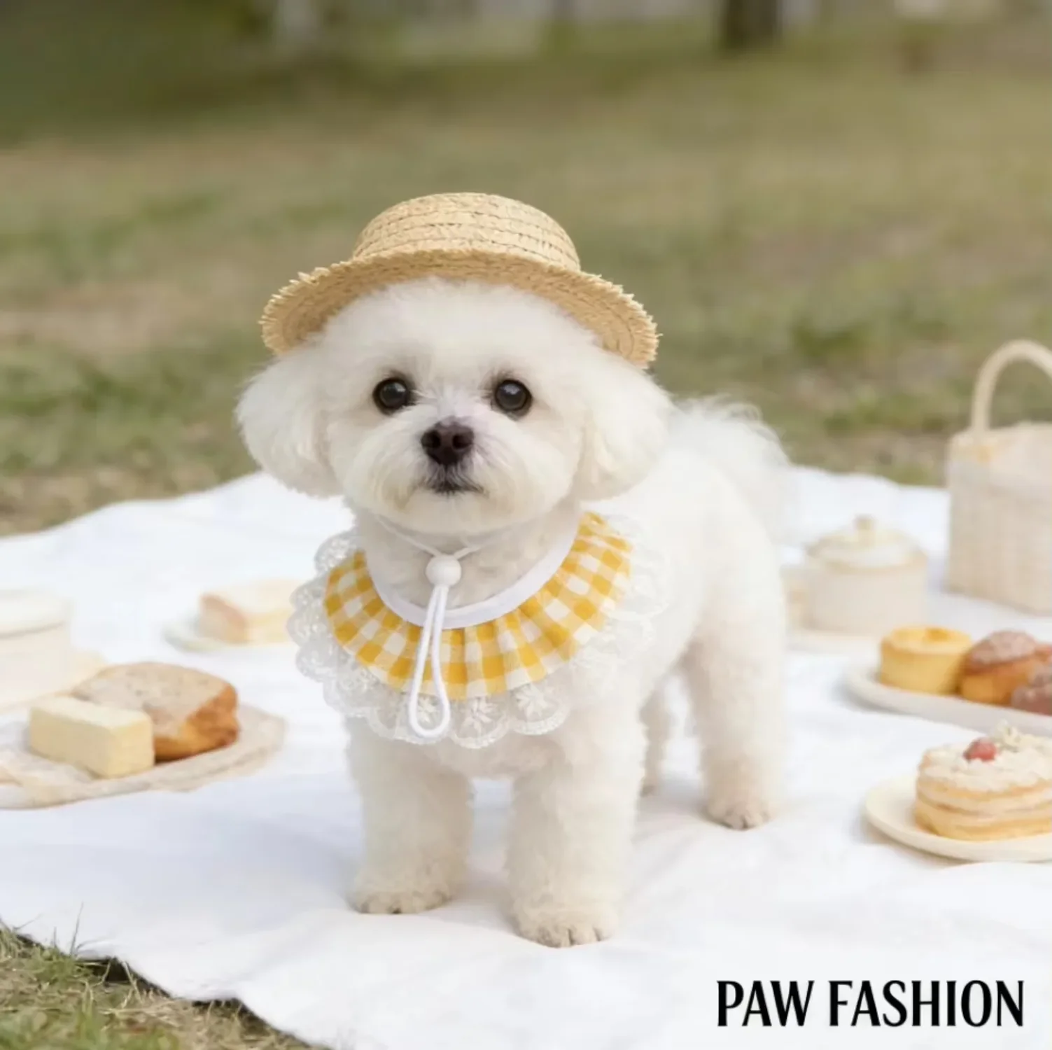 Cute Pet Straw Hat with Lace Plaid Bib Set Summer Dog Sun Hat Puppy Lace Collar Bandana for Small Dogs Cats Photography Prop ﻿