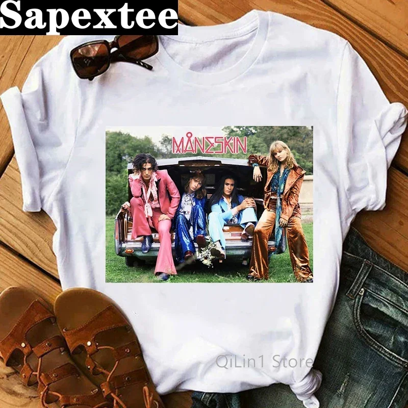 Maneskin ในฤดูร้อนที่น่ารักใหม่ผู้หญิงลำลอง Damiano David เสื้อผู้หญิงสีขาวแขนสั้นคอกลมสีขาว