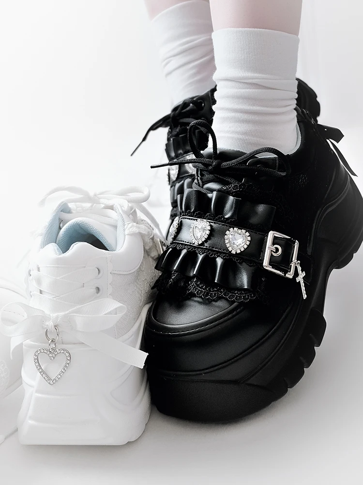 Original Subculture Japanese Platform Shoes Autumn and Winter 2025 Mine Love Rhinestone Sweet Cool Jk Lace-up Shoes Y2k Pumps