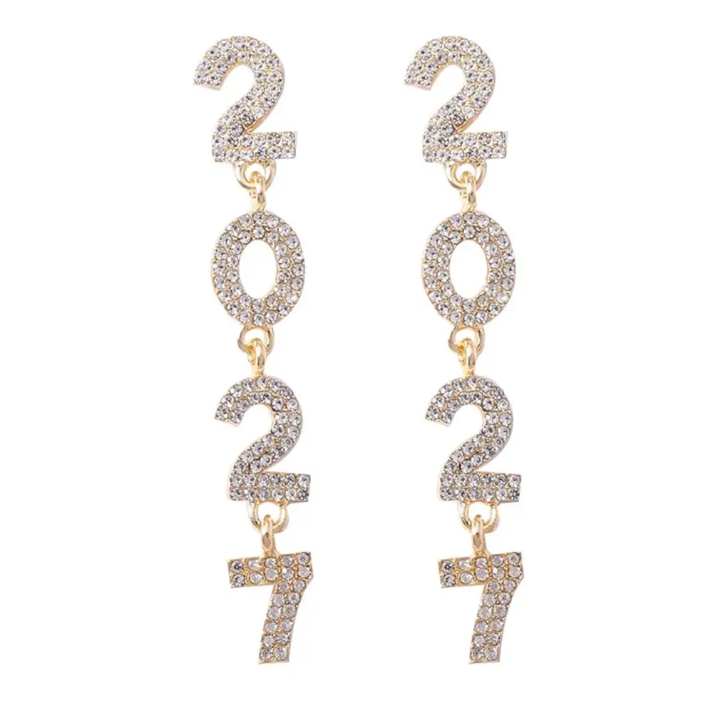 Pearl 2027 Digital Earrings Zircon Colorful Happy New Year Earrings Rhinestone Long Drop Christmas Stud Earrings New Year Party