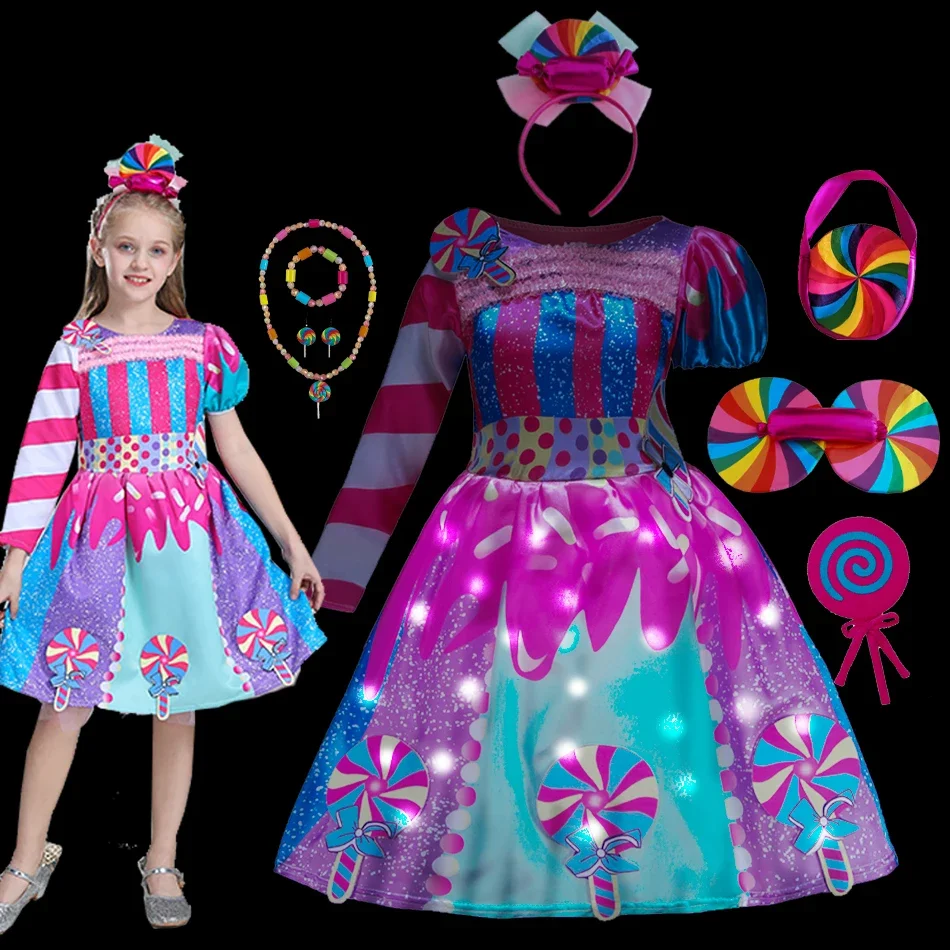 Carnival Candy Dress with LED Lights Purim Festival Fancy Lollipop Party Costume Children Summer Tutu Dresses Party Ball Gown