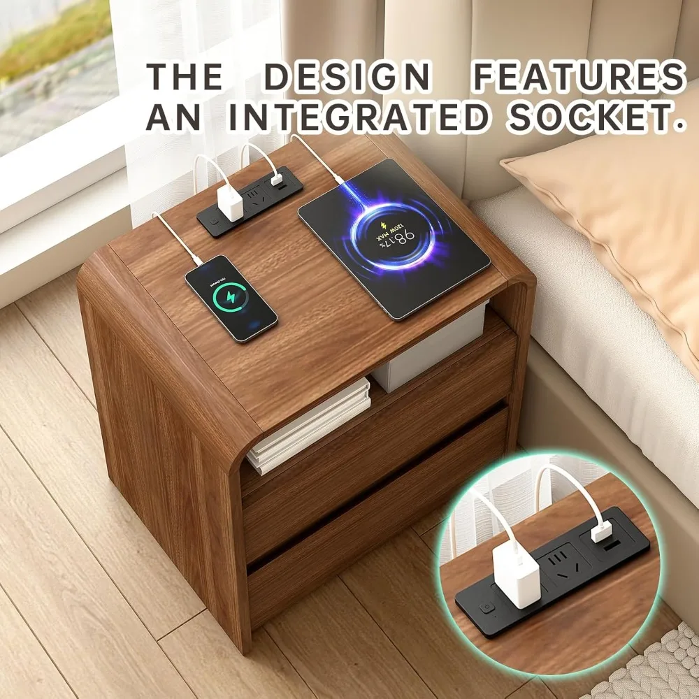 Mesita de noche moderna de mediados de siglo de 23,6 pulgadas de ancho, estación de carga, diseño anticolisión curvo, gabinete de almacenamiento preintegrado