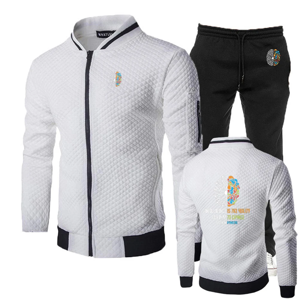 2025 Funny Brain Power Print Spring Autumn Men's New Slim-fit Set Stand-up Collar Casual Jacket + Trouser Sports Suit