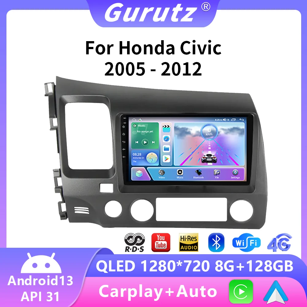 

9" Android 13 Carplay Car Stereo Radio for Honda Civic 8 2005-2012 Multimedia Player Navigation GPS 2 Din 4G Head Unit Audio DVD