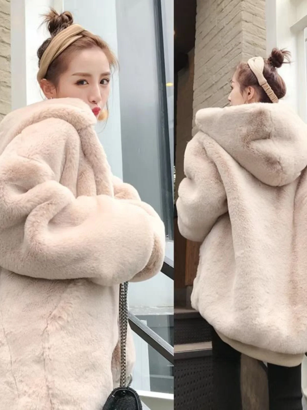 

2025 Winter Thiened Plu Fur Jaet Women's Loose Fit Hooded Mid-Length Coat Korean Sle Youth Faion Synthetic Leather