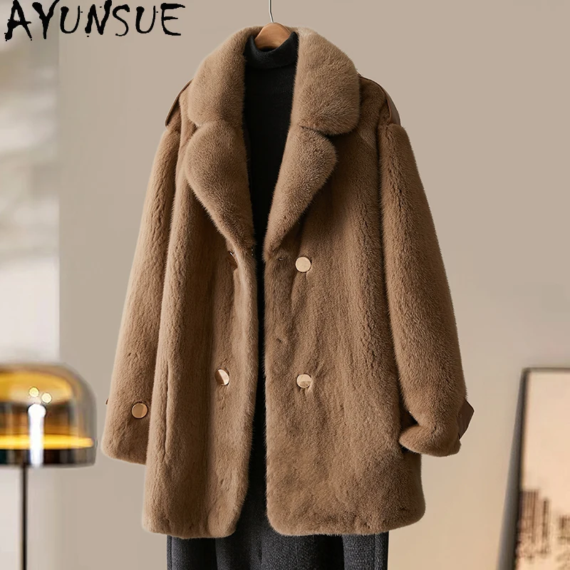 

AYUNSUE Luxury Real Mink Fur Coat Women Clothes Natural Fur Coats Whole Mink Womens Coats Winter Jacket Mid-length Шуба Женская