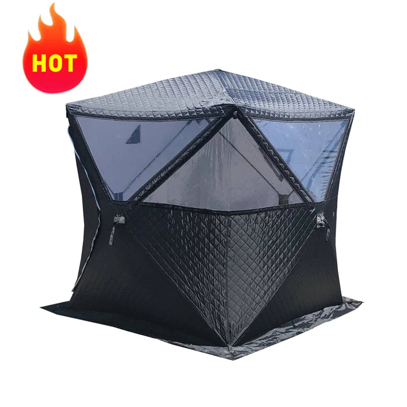 

Hot Selling Three Layer Waterproof Insulation Cube Transparent Skylight Sauna Tentwith Chimney Hole Ice Fishing Shelter