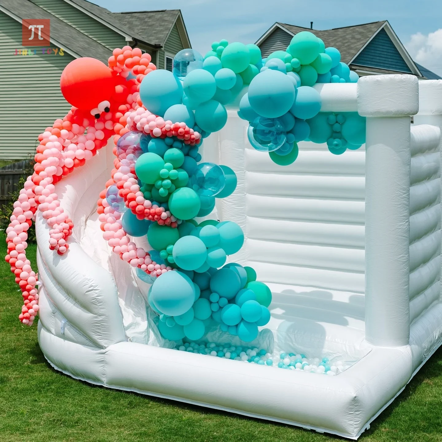 

Inflatable White Bounce House with Ball Pool Slide and Blower PVC Jumping Castle for Kids Birthday Wedding Party Outdoor