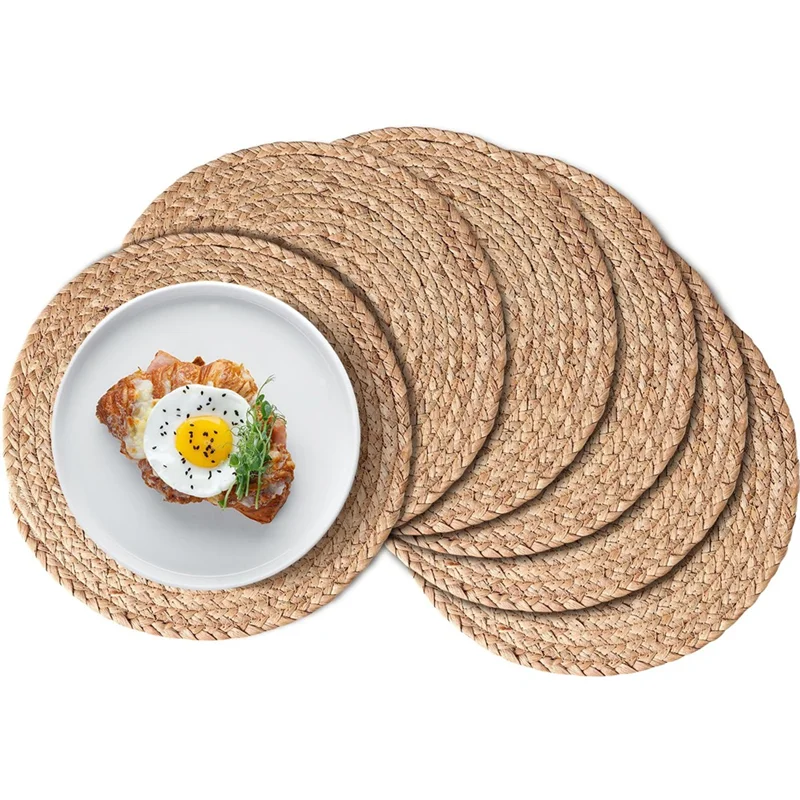 

AB11-Round Woven Placemats Set Of 6, Boho Rattan Place Mats, Farmhouse Weave Circle Table Mats, For Dining Table Decor