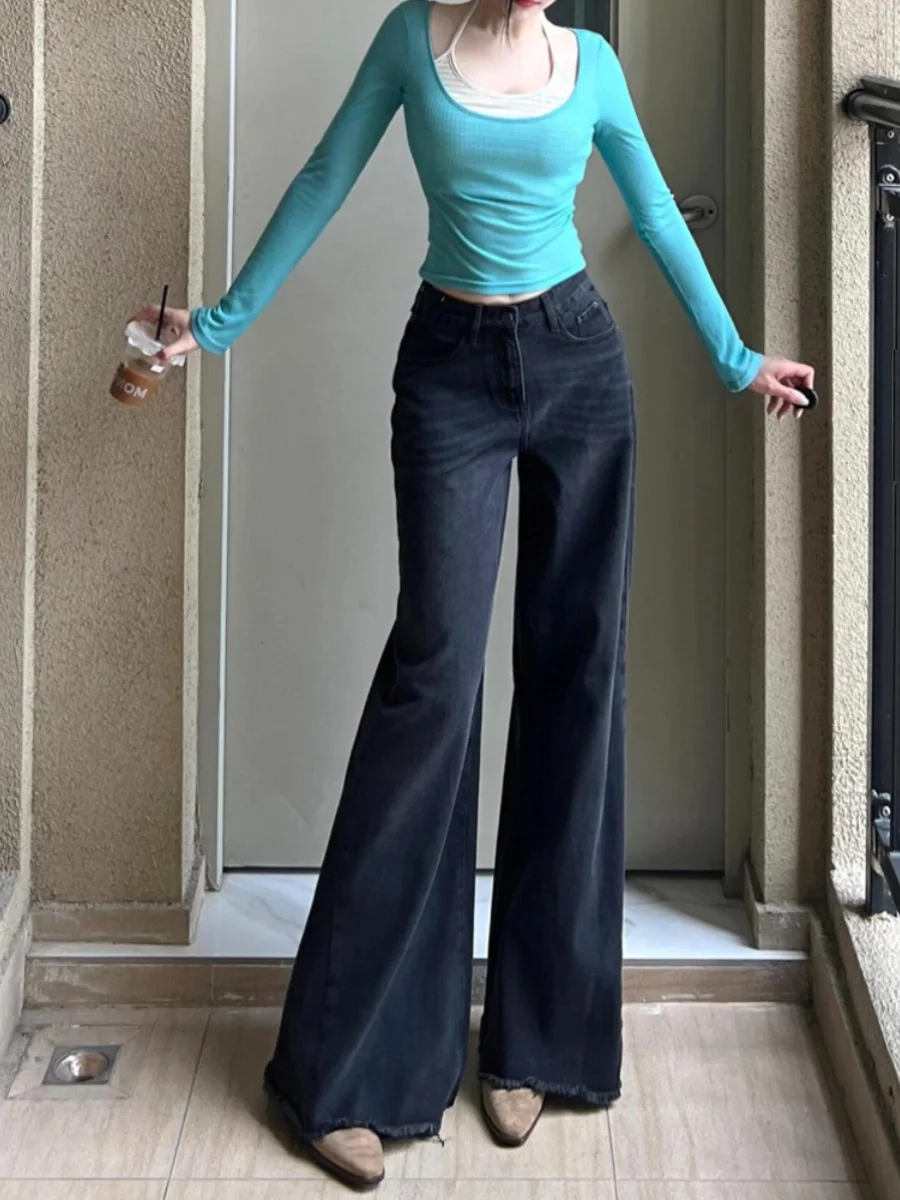 

Retro High Waist Wide Leg Denim Jeans Women's Spring Autumn New Design Sensation Frayed Loose Slimming Floor-Length Pants