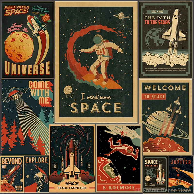 Buy Three Get Four Space Travel Poster Explore Planet Vintage Home Room Decor Retro Painting Spaceship Prints Art Wall Picture