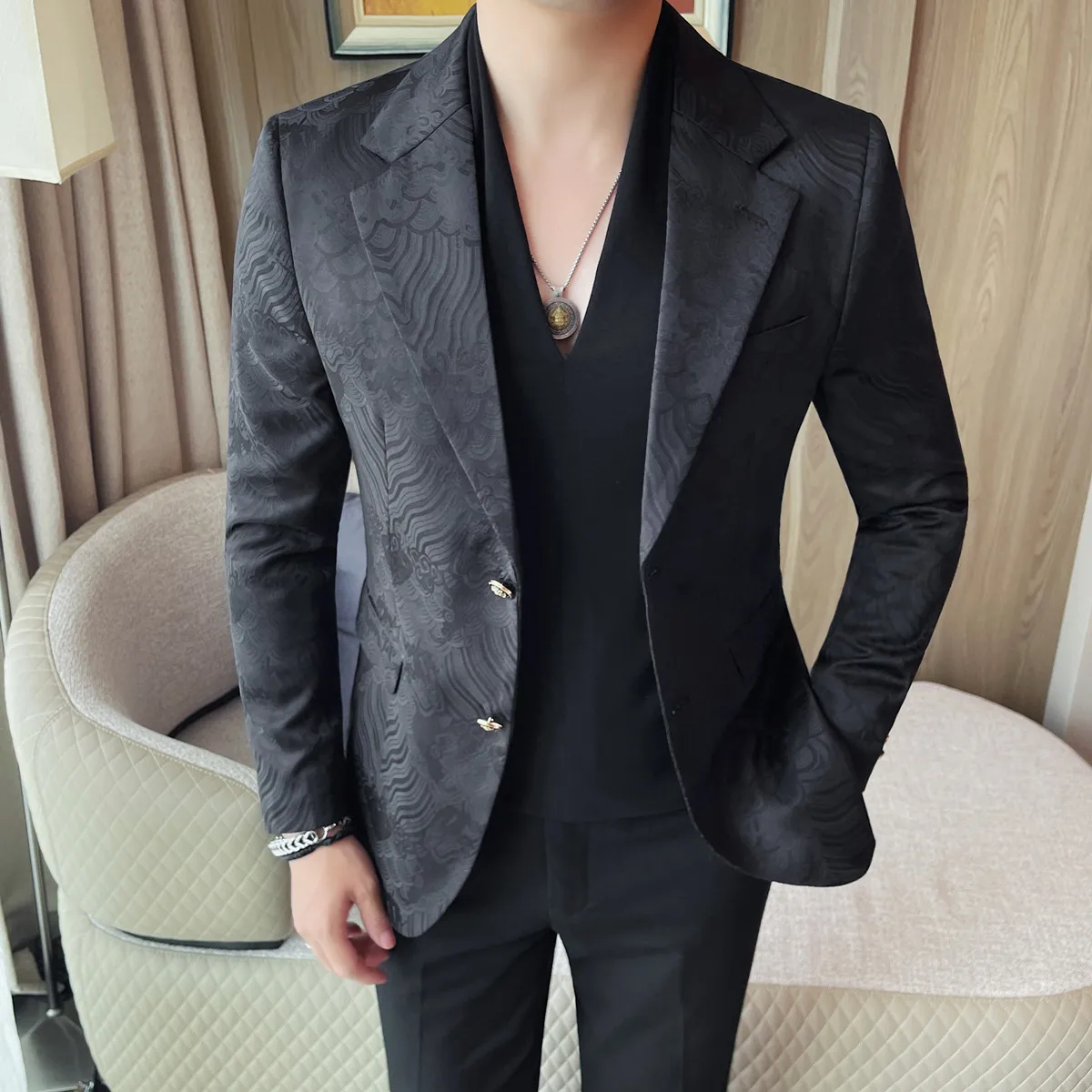 Men's Korean Style Floral Print Suit Jacket - Black Slim Fit Blazer Business Casual Premium Textured Design Classic Print Blazer