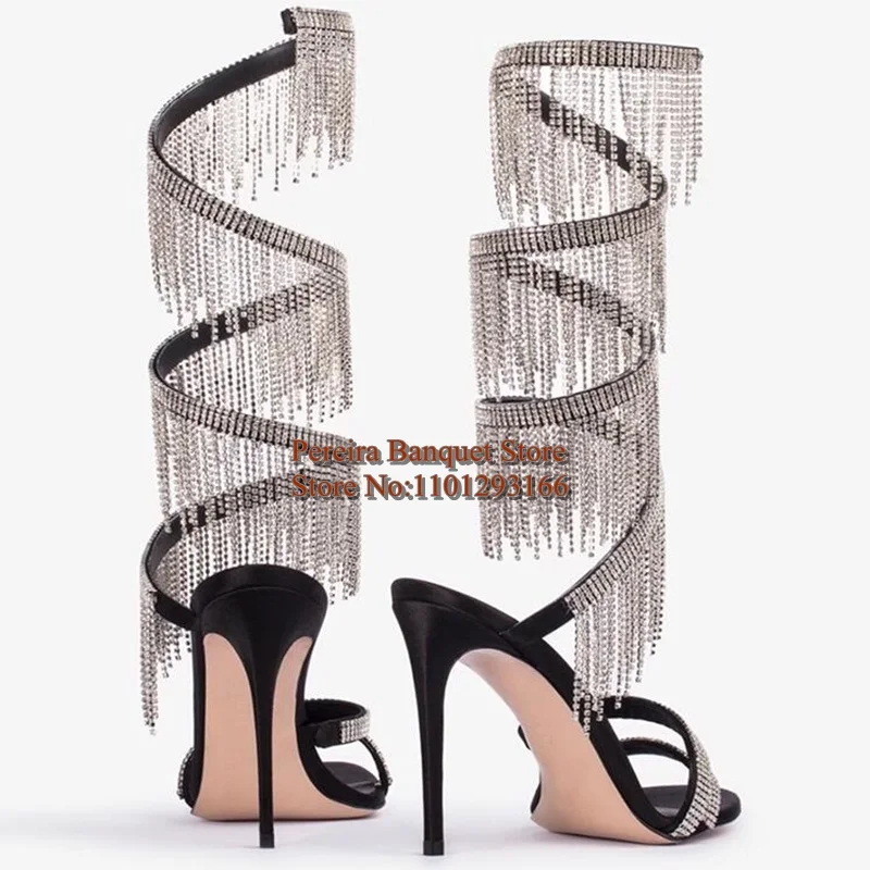 Gittering Rhinestone Tassels Women Strappy Sandals Silver Crystal Open Toe Thin Heels Cross S Shape Wedding Evening Shoes