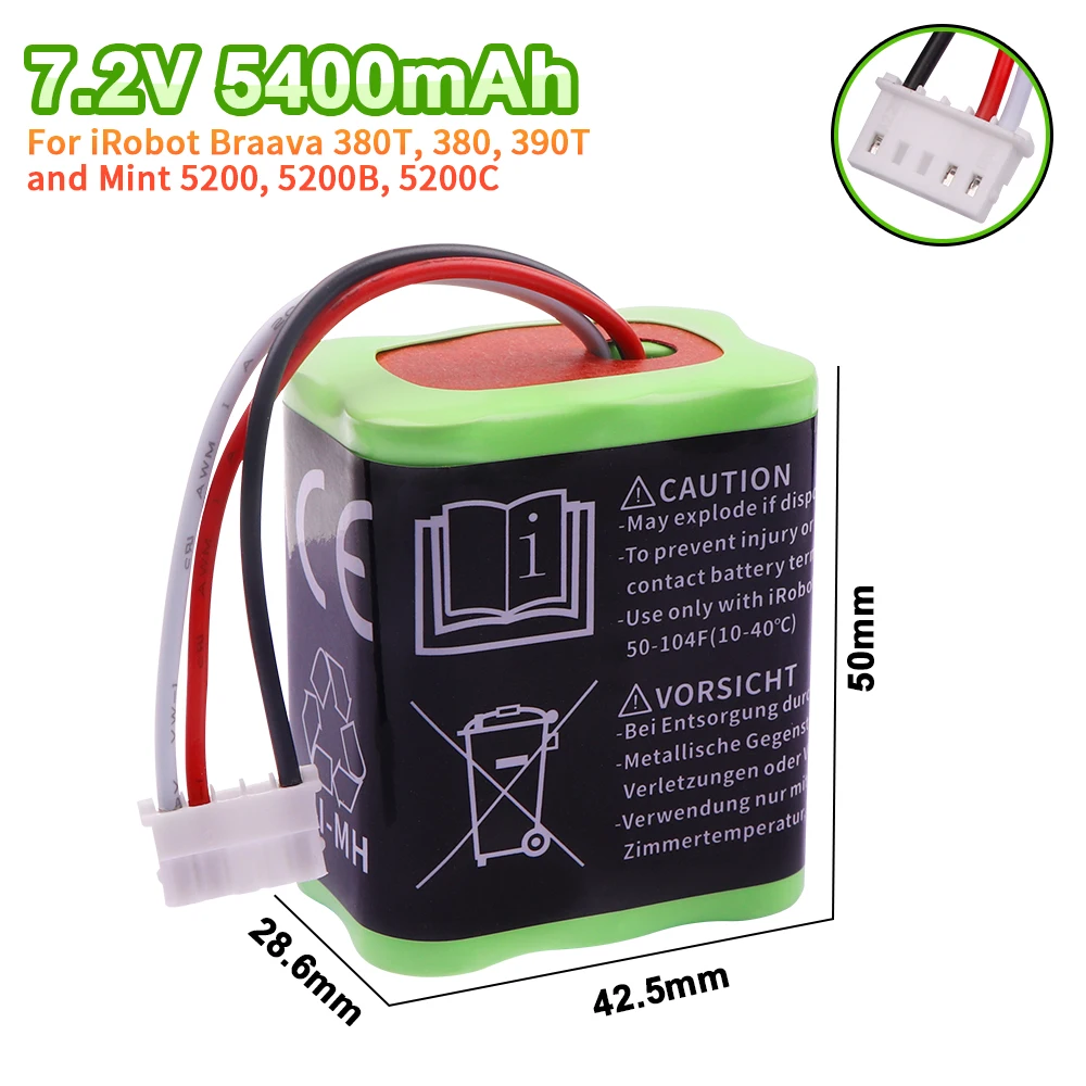 NI-MH 7.2V 5400mAh Battery for iRobot Braava 380T 380 390T Mint 5200 5200B 5200C Vacuum Cleaner upgraded high capacity for 380T