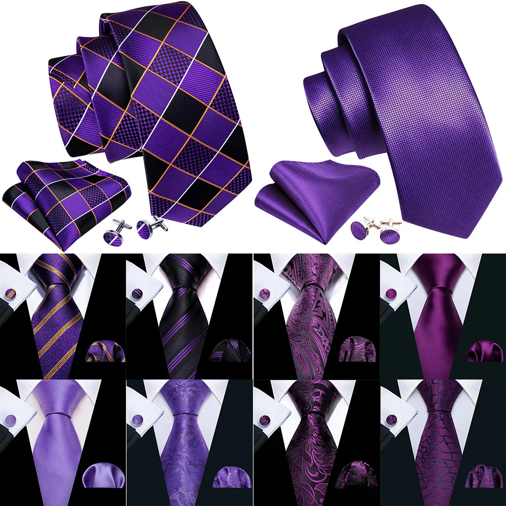 Dark Purple Plaid Silk Men Tie High Quality Pocket Square Cufflinks Set Fashion Suit Necktie Business Party Gift Barry.Wang 5287