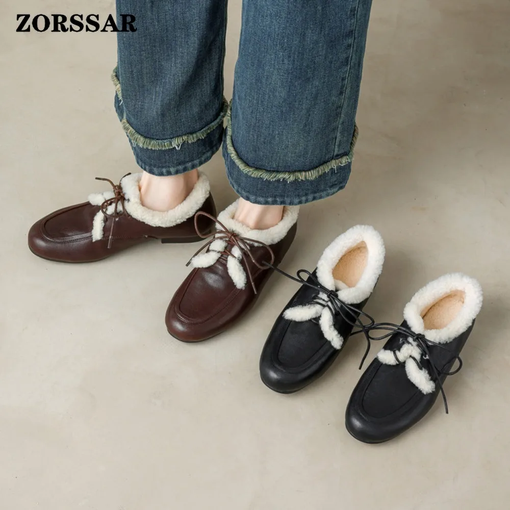 

Зимние женские туфли на плоской подошве, новинка 2025 года, теплые женские зимние туфли с плюшевой подкладкой, удобные женские зимние балетки из натуральной кожи