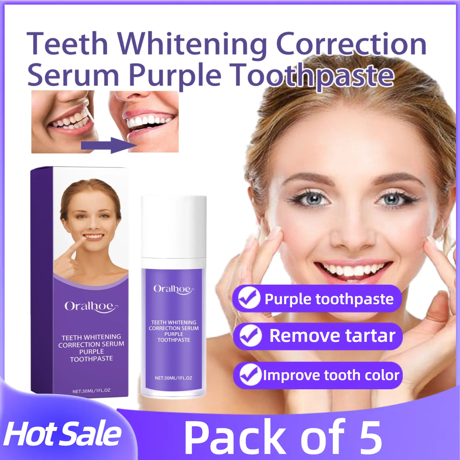 5pcs Purple Whitening Toothpaste Cleans Stains Freshens Breath Eliminates Odor Removes Tartar Protects Gums, Cares 30ml