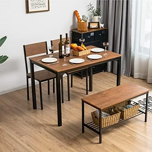 Set tavolo da pranzo 4 pezzi per 4, tavolo da cucina moderno con struttura in metallo e contenitore, marrone