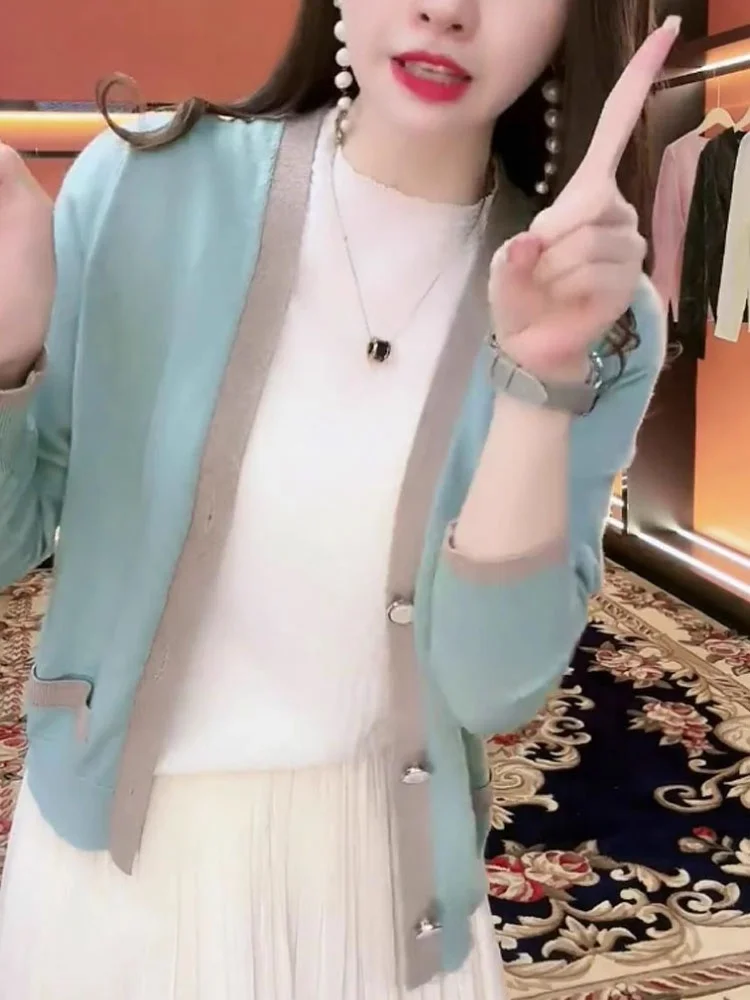 Faionable Color Blo tejido cárdigan abierto Casual suelto adelgazante prendas de vestir exteriores mujer otoño nuevo Sle Top viaje viento Sle