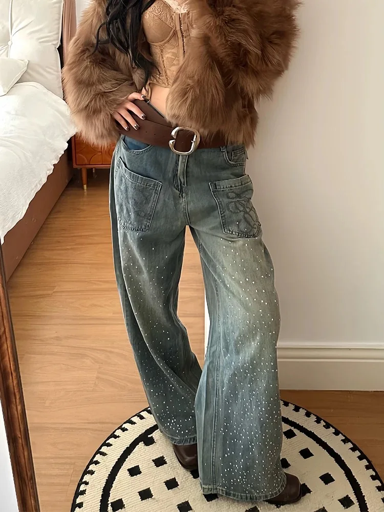 Y2K Pocket Jeans Women Embroidery Diamond Inlaid High Waist Straight Leg Pants Autumn Winter