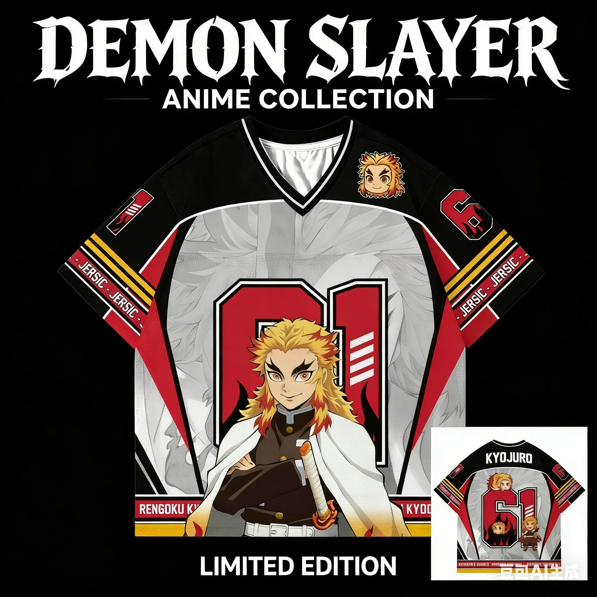 Demon Slayer Kyojuro Rengoku Anime-Serie Fashion 61 Jersey Oversize Kpop Baseball Hockey Outfit T-Shirt Daily Unisex Tops Tees