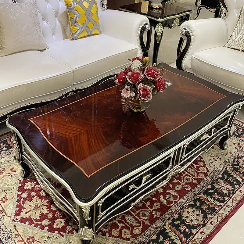European style solid wood large tea table luxury living room rectangular tea table small house tea table pasted with wooden skin