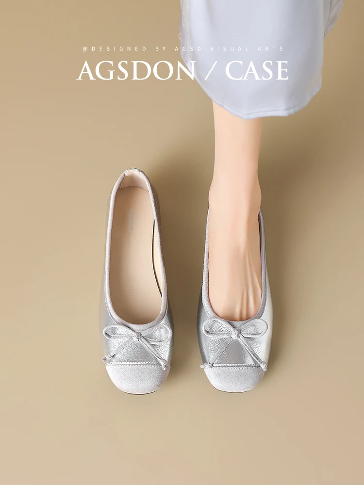 

Agsdon Beautiful Ballet Flat Shoes Women's Silver Summer Flats Slip-On Casual Fashion Single Shoes Sweet Style PU Lined