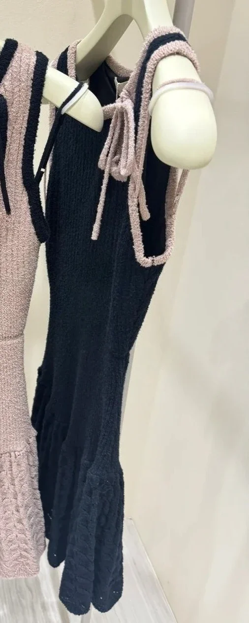 

KADUWAKI Exquisite Sling U Neck Casual Vestidos Solid Sweet Bow Knit Robe Japanese Vest Pleated Slim Elegant Lovely Women Dress
