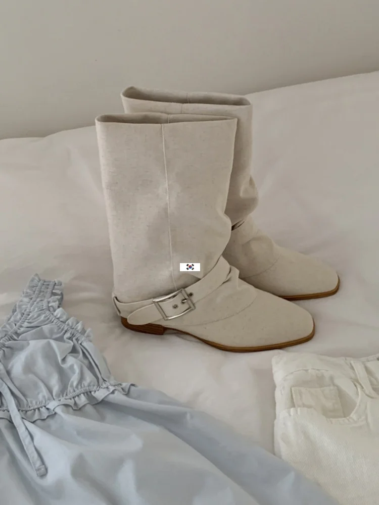 

Сапоги-ведра Chiligirl до середины икры, ткань Dongdaemun, простой дизайн, белые брюки, ботинки маленького размера, корейские ботинки Sle Faion